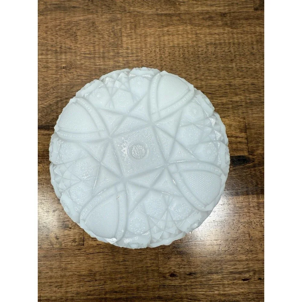 White Milk Glass Pressed Quilt Pattern Round Bowl, Scalloped Rim, Glossy